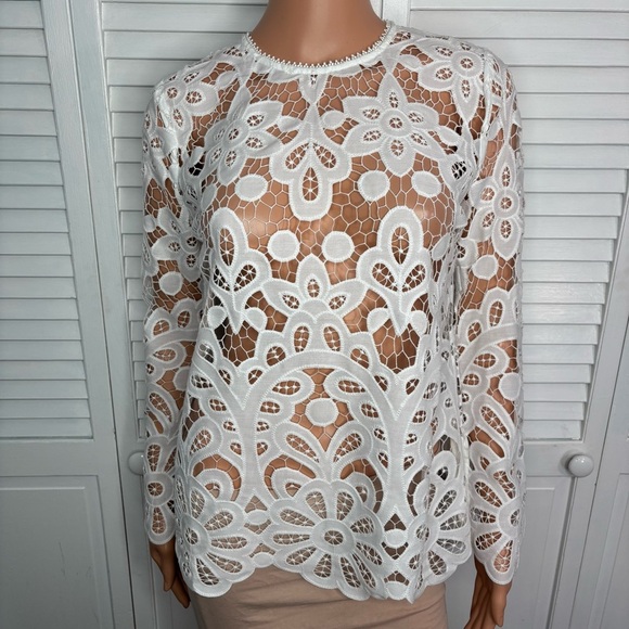 New JOHNNY WAS Lisetta Lace Sheer Long Sleeve Blouse in White Size XS - Picture 2 of 6